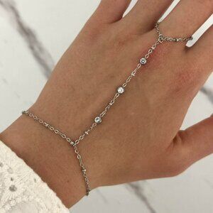 sku:0142 Silver tone chain ring - bracelet zircon stone material stainless steel